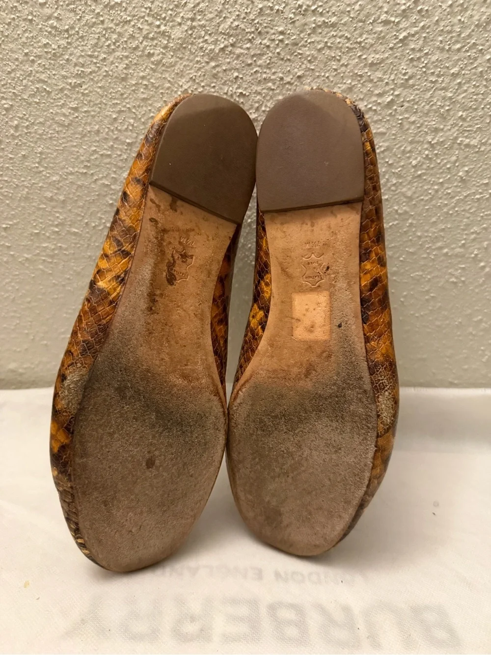 Tory Burch Brown & Tan Snakeskin-Print Ballet Flats with Gold Logo Charm, pre-ow